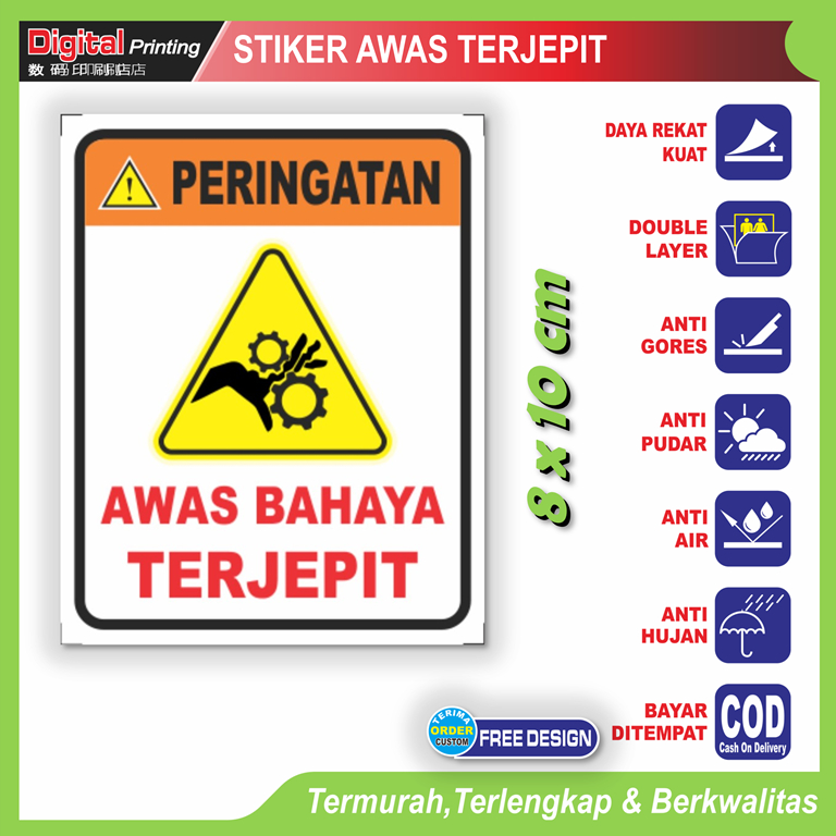 

Stiker tulisan awas terjepit hati hati tangan bahaya mesin sticker keamanan bekerja K3