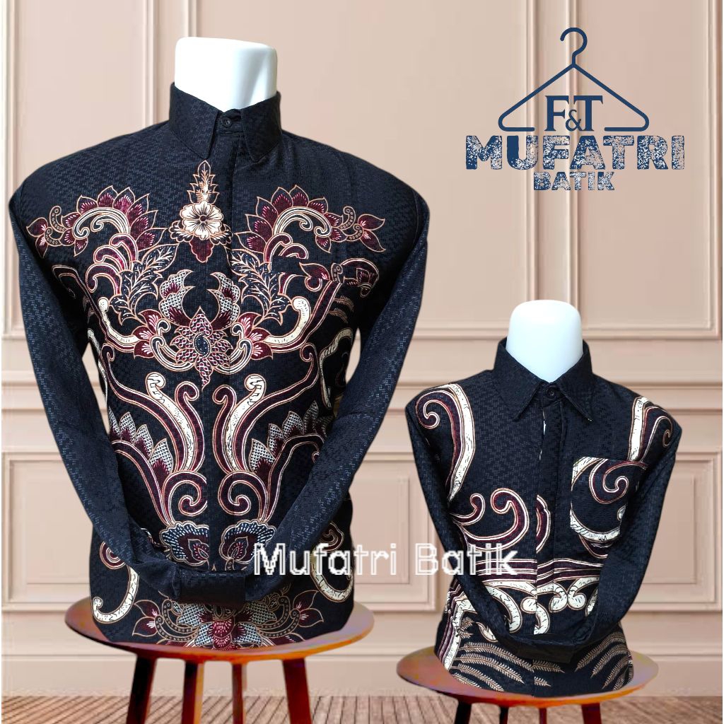 Kemeja Batik Dobby Couple Ayah Anak Warna Dasar Hitam Motif Elegan//batik pesta bahan dobby//batik k
