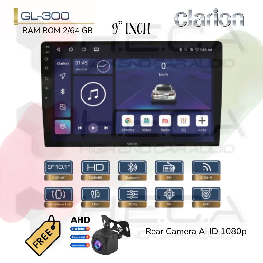 Clarion GL-300 Android RAM 2/64 GB Head Unit 9" inch Tape TV Mobil + Rear Camera AHD