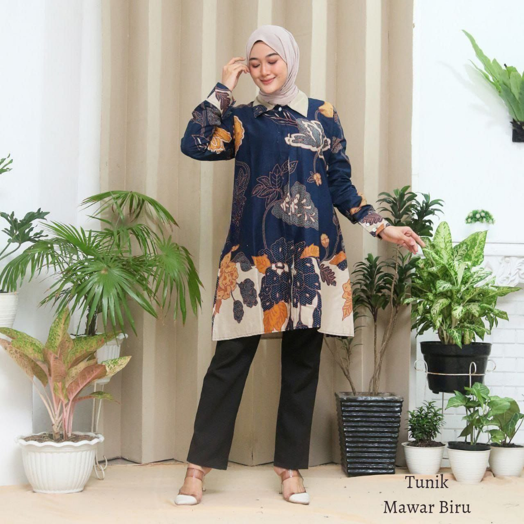 Atasan Batik Muslimah Tunik Batik Wanita Lengan Panjang Syari Modern Kerja Kantor Terbaru C7