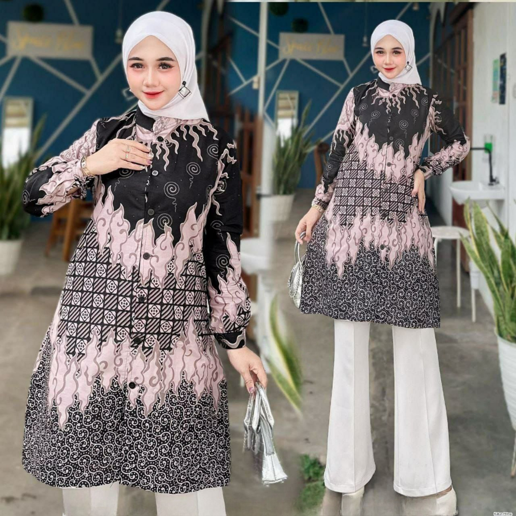 Atasan Batik Muslimah Tunik Batik Wanita Lengan Panjang Syari Modern Kerja Kantor Terbaru D5