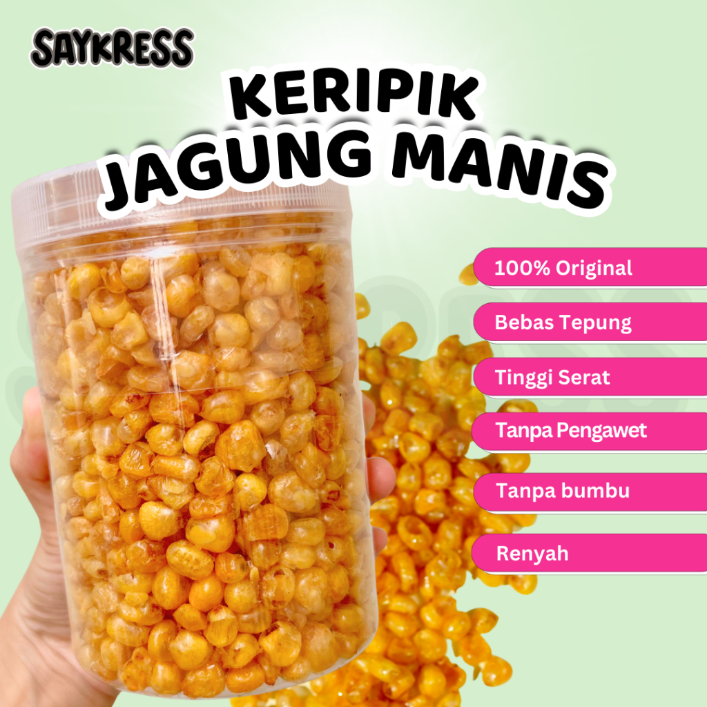 

Saykress Keripik Jagung Manis Toples 750ml | Camilan Sayur Sehat Renyah Tanpa Tepung dan MSG