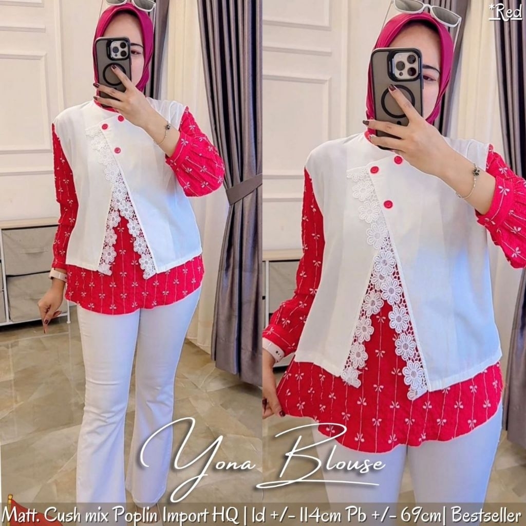 Yona Blouse Wanita Lengan Panjang Blouse Merah Putih Wanita Aplikasi Renda
