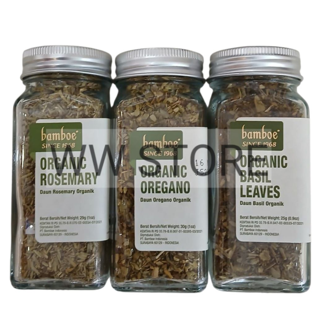 

Daun bumbu organik halal MUI bamboe ORGANIC OREGANO 30g ROSEMARY 29g BASIL 25g LEAVES