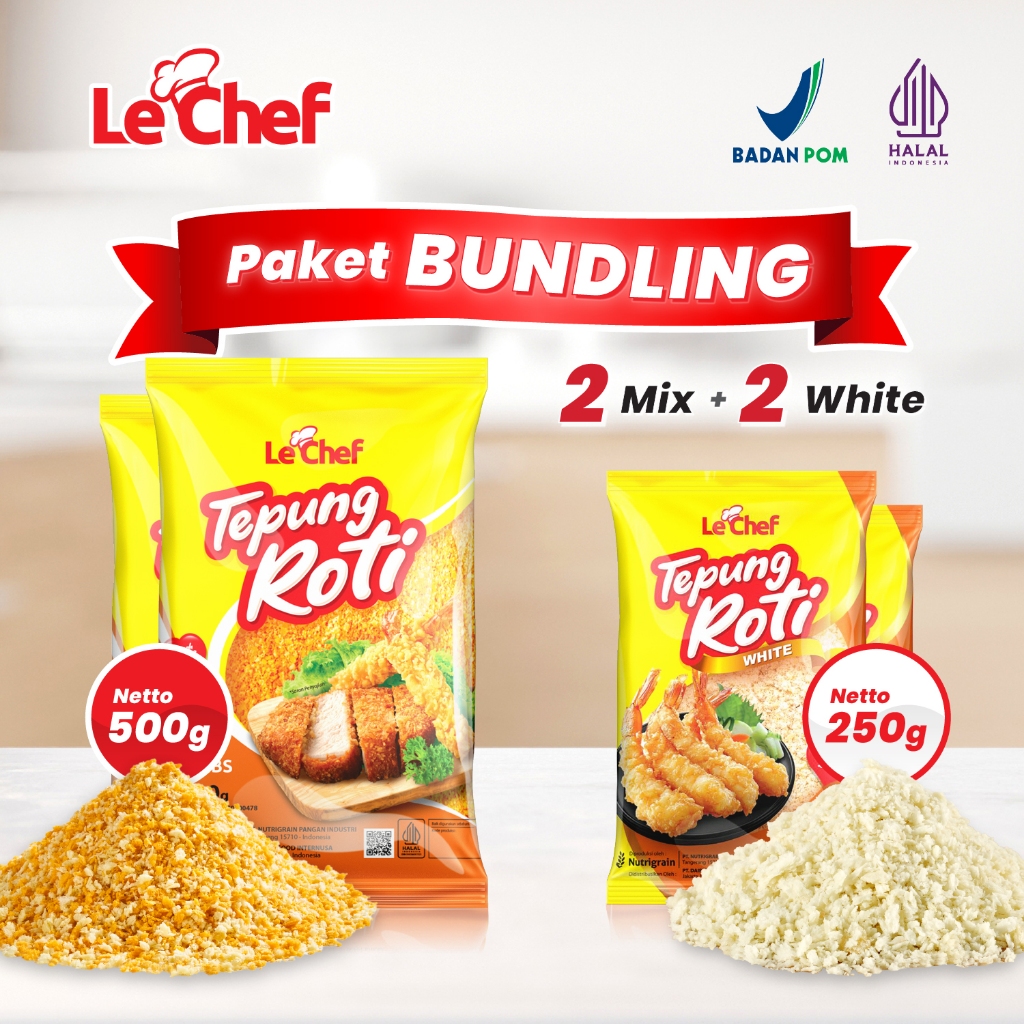 

[ PAKET BUNDLING LE CHEF ] - 2 Tepung Roti Putih 250g + 2 Tepung Roti Mix 500g
