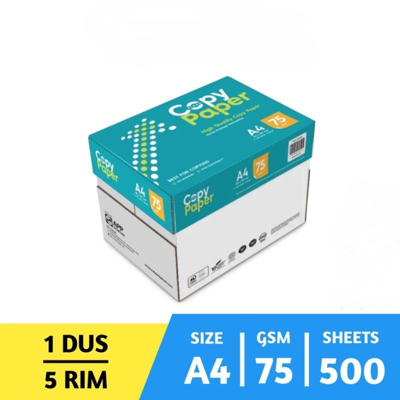 

COPY PAPER Kertas HVS A4 75 Gsm Print & Fotocopy ( 1Dus / Box = 5 Rim )