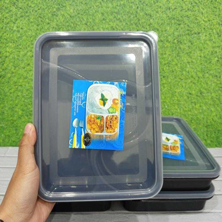 3 Pcs Lunch Box Bento Catering 4 Sekat Warna Hitam Bahan Plastik Tebal BPA Free Food Grade