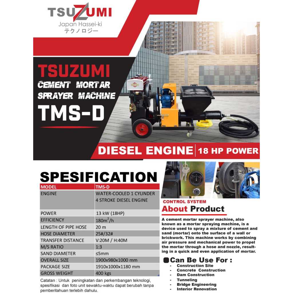 MESIN PENYEMPROT MORTAR SEMEN DIESEL TSUZUMI TMS-D
