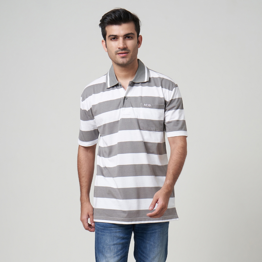 MCB Kaos Polo Wangky Salur Pria Reguler Big Size Stripe Merah bata / Abu Putih | 1101015.01025