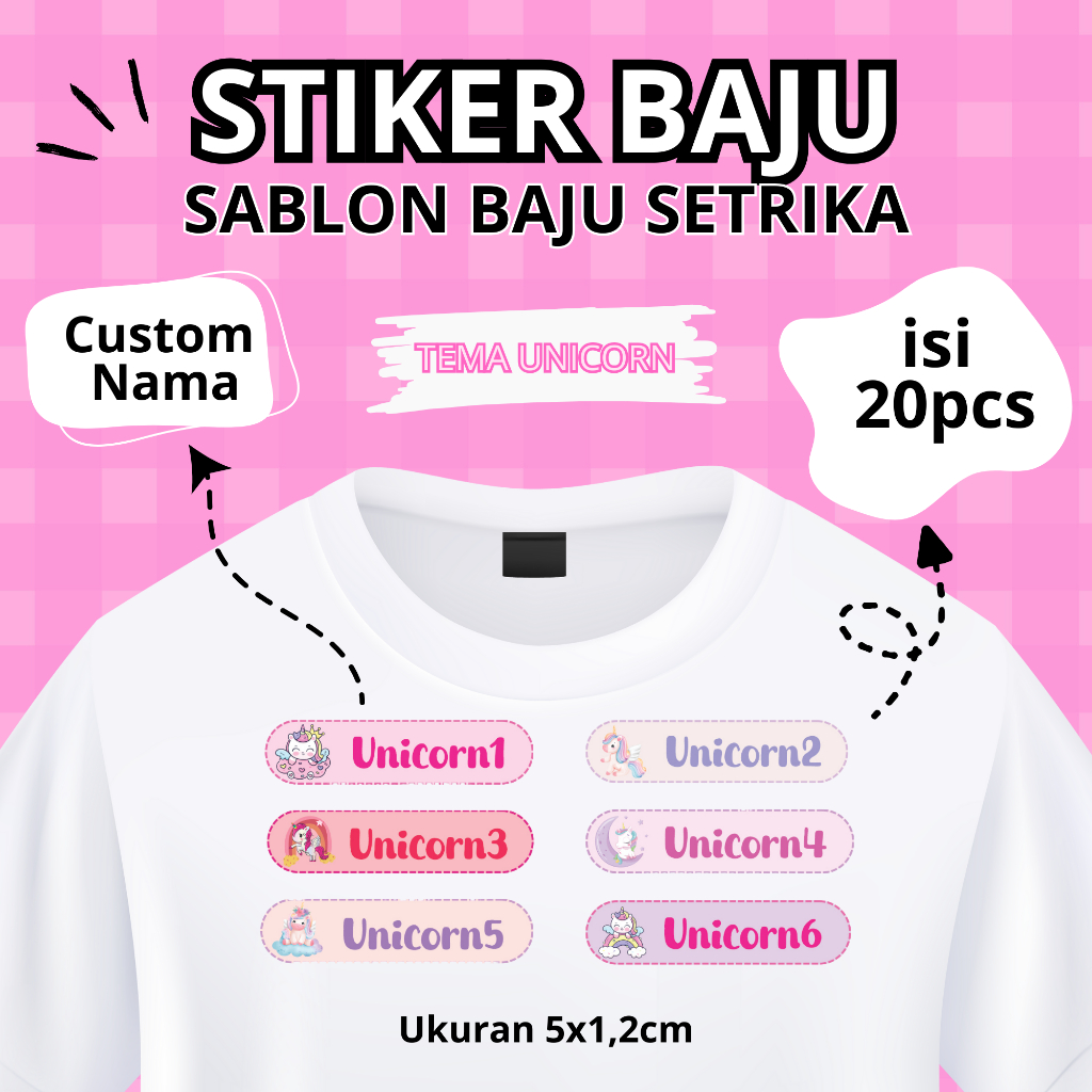 

Stiker Baju Custom Nama Tema Unicorn | Sablon Baju Setrika Anti Air | DTF Nama Unicorn