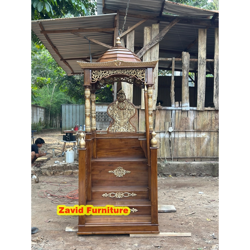 Mimbar masjid kubah, mimbar masjid kubah tingkat, mimbar masjid kubah kayu jati, mimbar masjid jati,