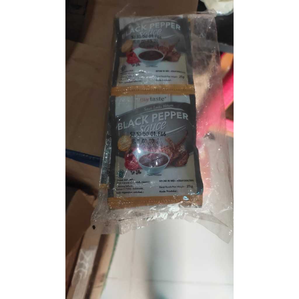 

My Taste Blackpaper sauche halal bpom 25 gr isi 10 pcs ( 1 renceng)