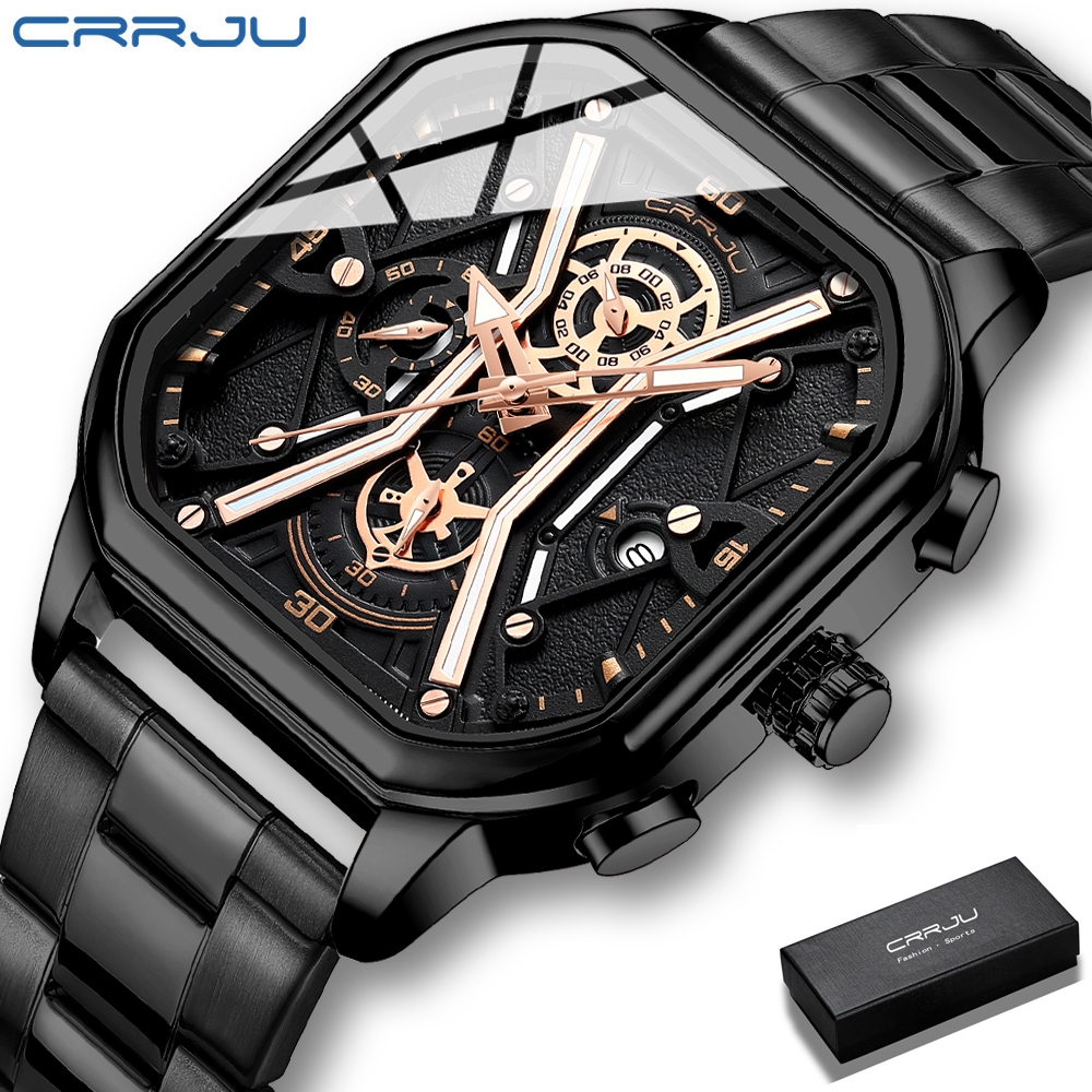 CRRJU Jam Tangan Pria Original Anti Air Kulit Baja Tahan Karat Tahan Square Chronograph Kalender Ber