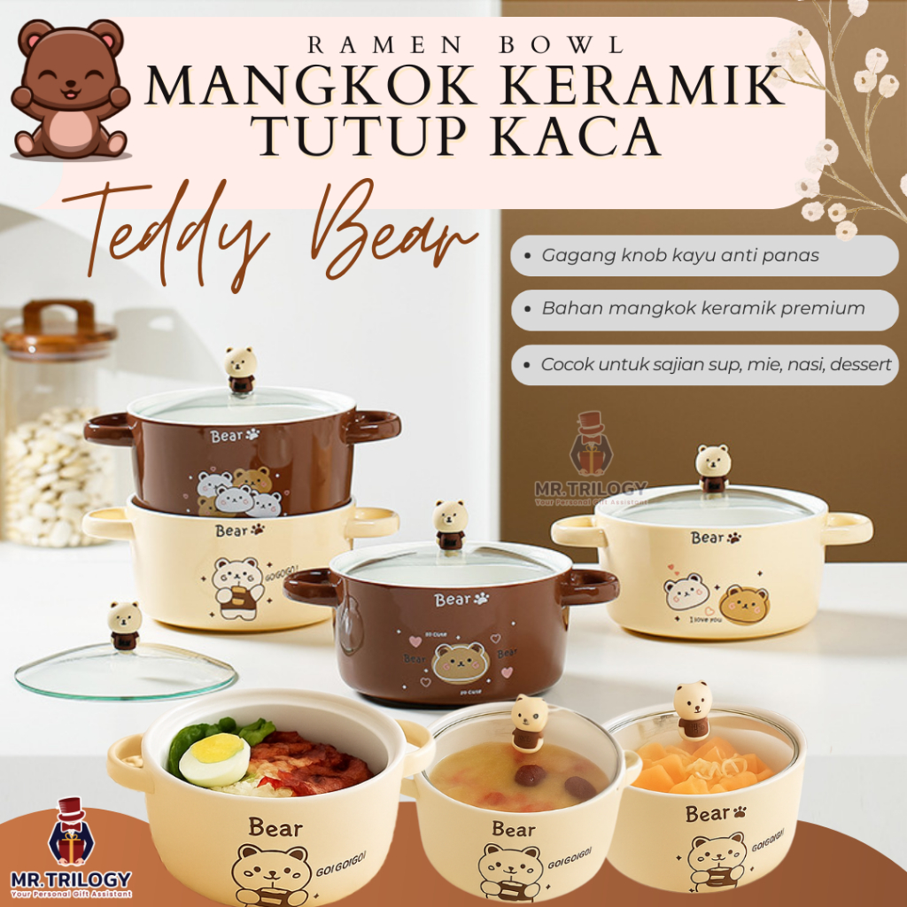 Mangkok Keramik Tutup Kaca Premium Cantik Motif Bear Multifungsi Sajian Mie Ramen Korea Tahan Panas