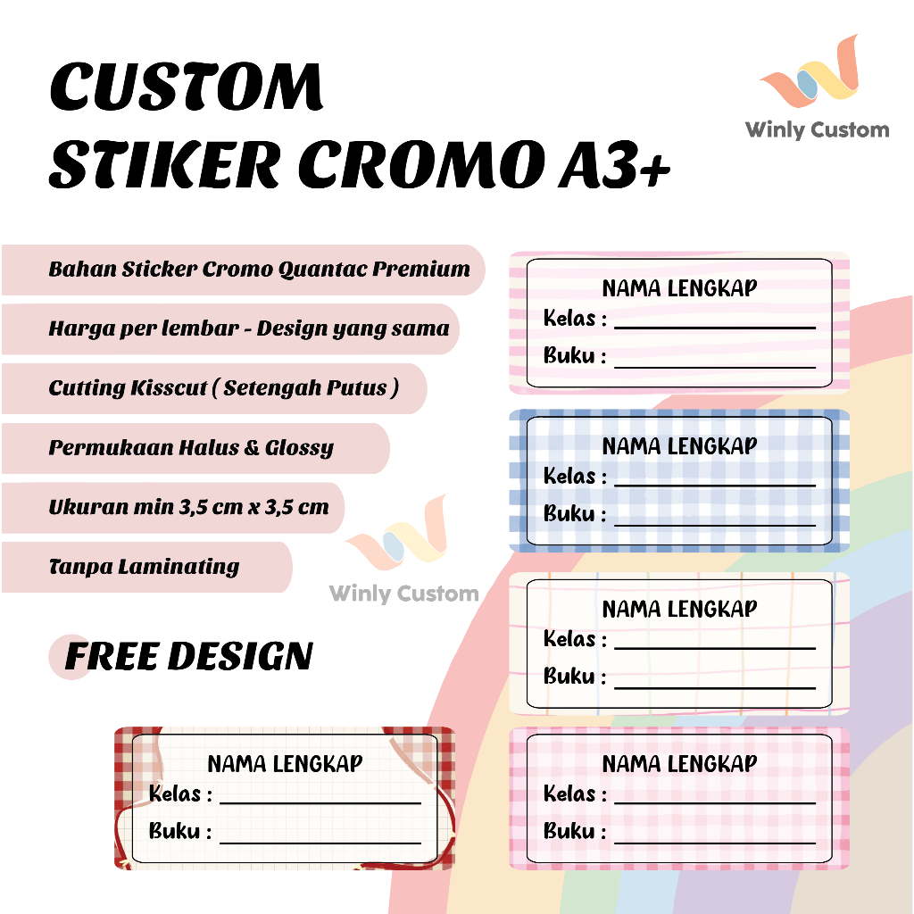 

Cetak Stiker Nama Buku Sekolah Logo Label Makanan Custom Chromo A3+ | Print Sticker Jualan Makanan