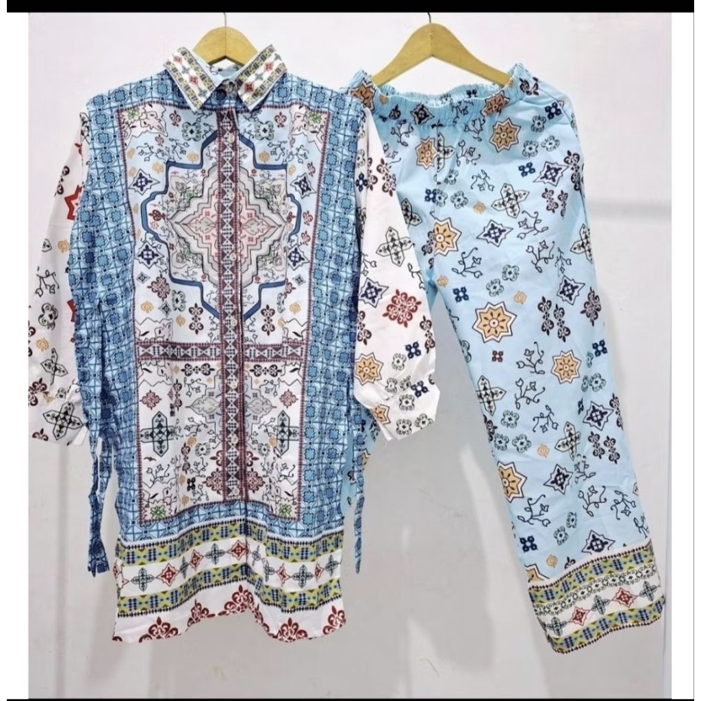 Setelan Celana silk satin Biru mewah / tunik satin biru