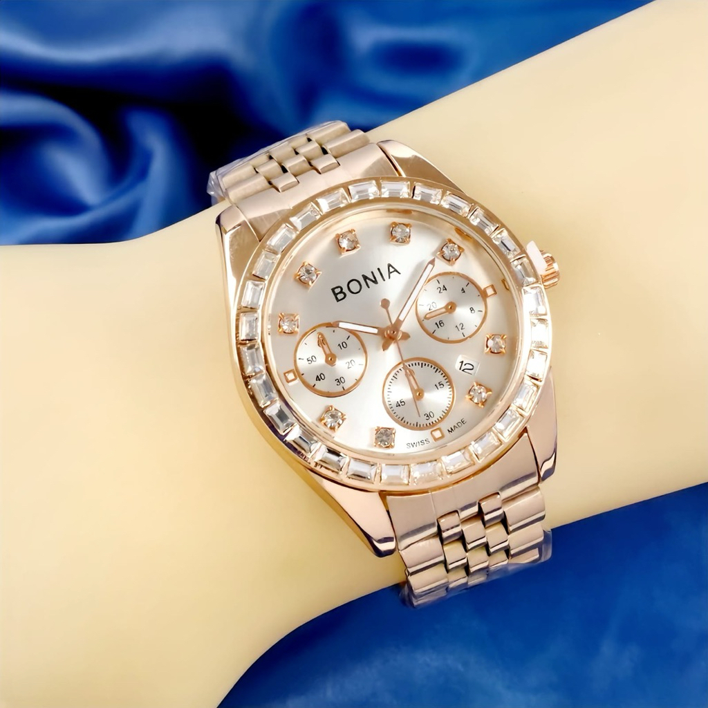 Jam Tangan Wanita BONIA Diamond Rantai Stainless 35 mm Chrono Off Tanggal Aktif Include BOX Original