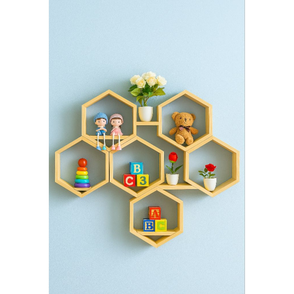 Rak Dinding Hexagonal Premium Rak Aesthetic Hiasan Dinding Hexagonal Pajangan Dinding Hexagonal Kayu