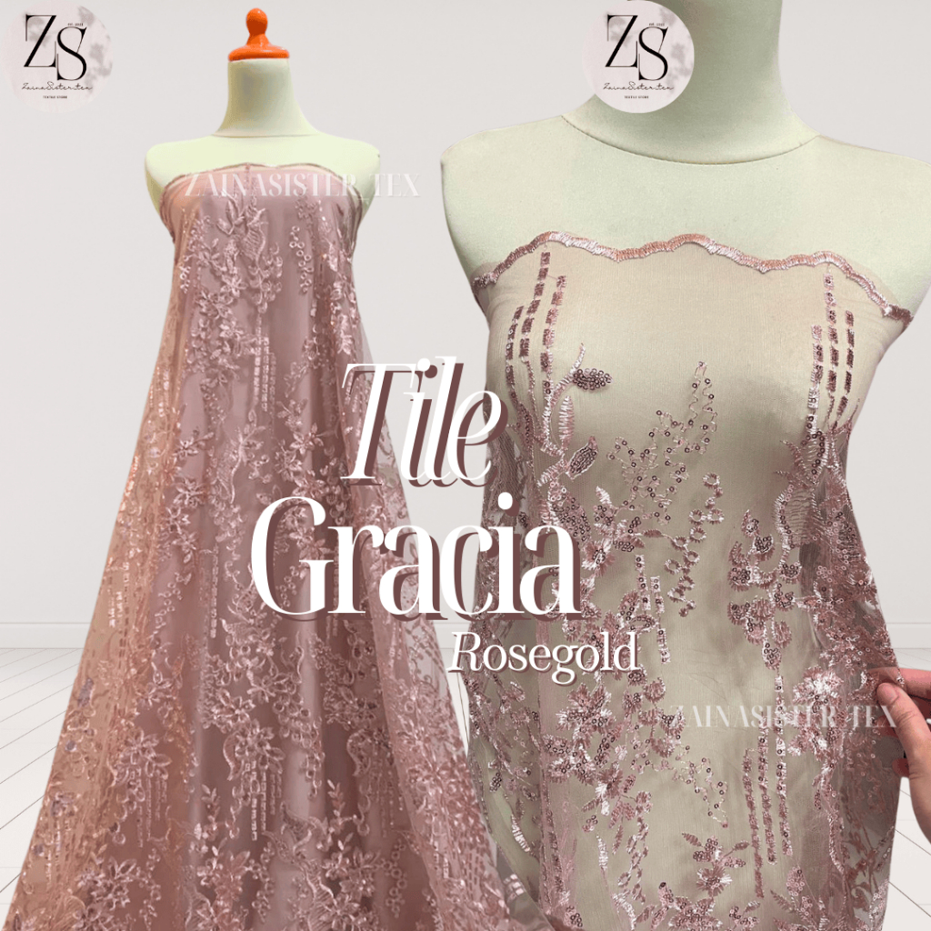 1/2 Meter Bahan Kain Brokat Tile Bordir Payet Gracia Series Warna Rosegold Silver Coksu Denim
