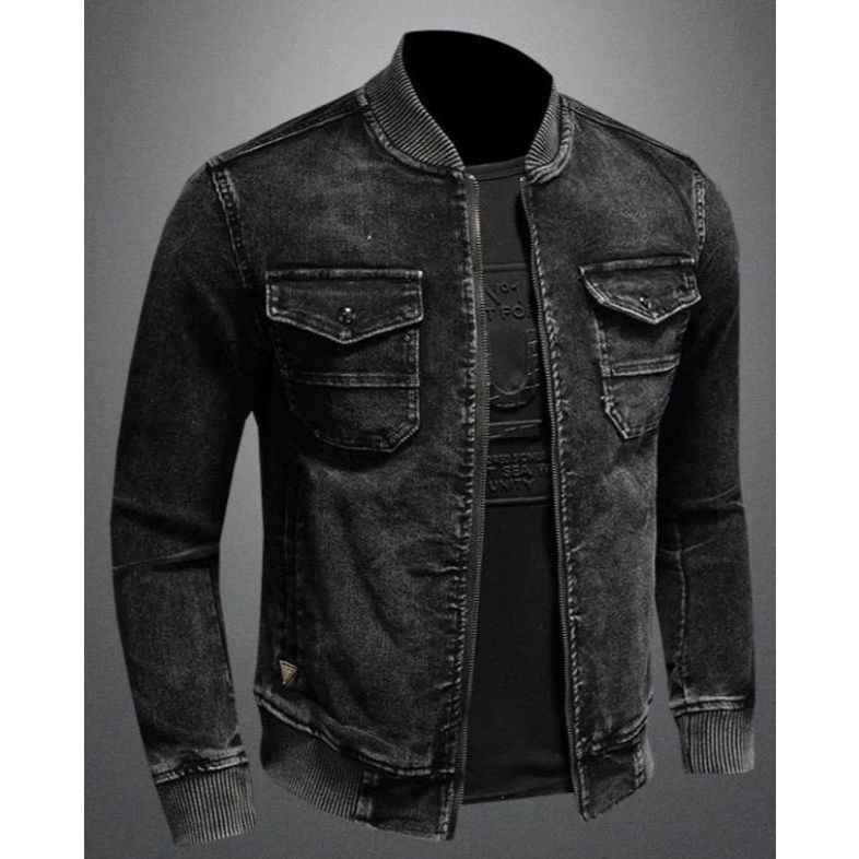 Jaket Bomber Jeans || Jaket Fashion Pria Kasual || Jaket Resleting Bomber Full Hitam