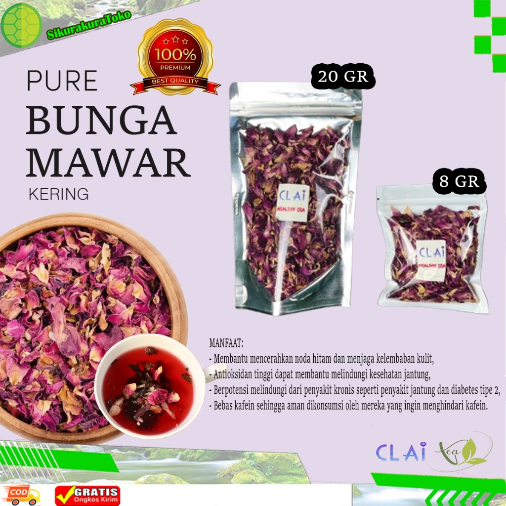 

(sko) Clai Teh Bunga Mawar Kering Organik 20 & 8 Gr Rose flower minuman herbal kesehatan rosa rosehip rosebud tea