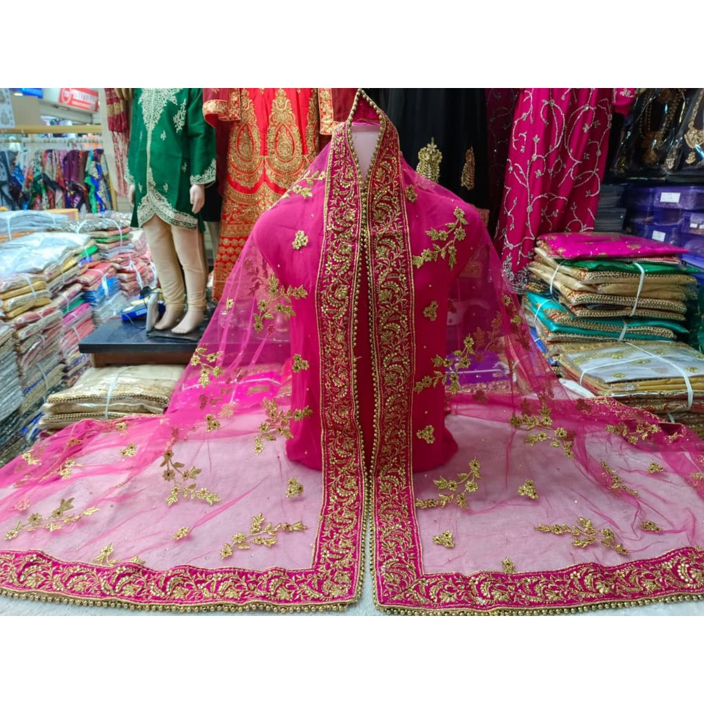 # TjM255 Putih Bordir Gold 1 sisi Siffon Selendang Sarangan Dupatta Dupata Syal Kerudung Hijab Pesta