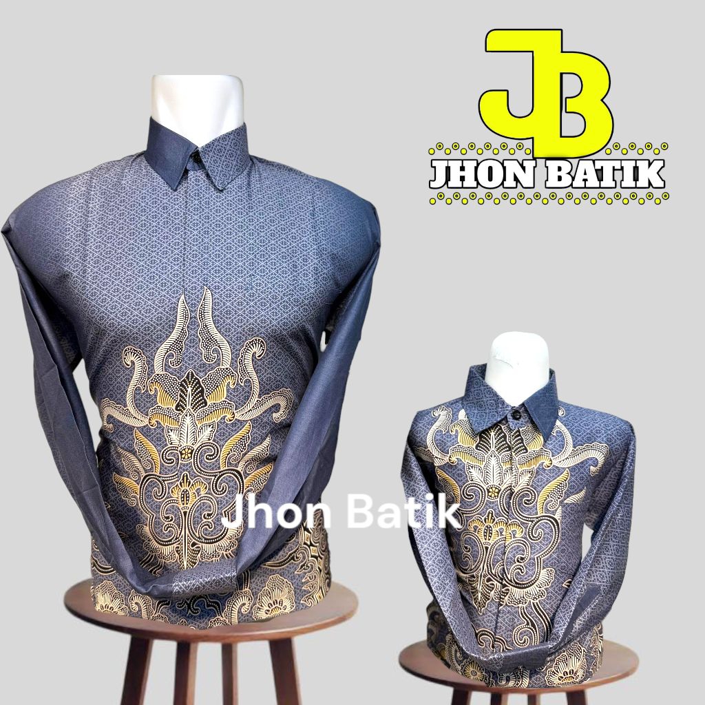 atasan kemeja batik kondangan ayah dan anak warna abu abu bahan katun adem lapis furing//batik coupl