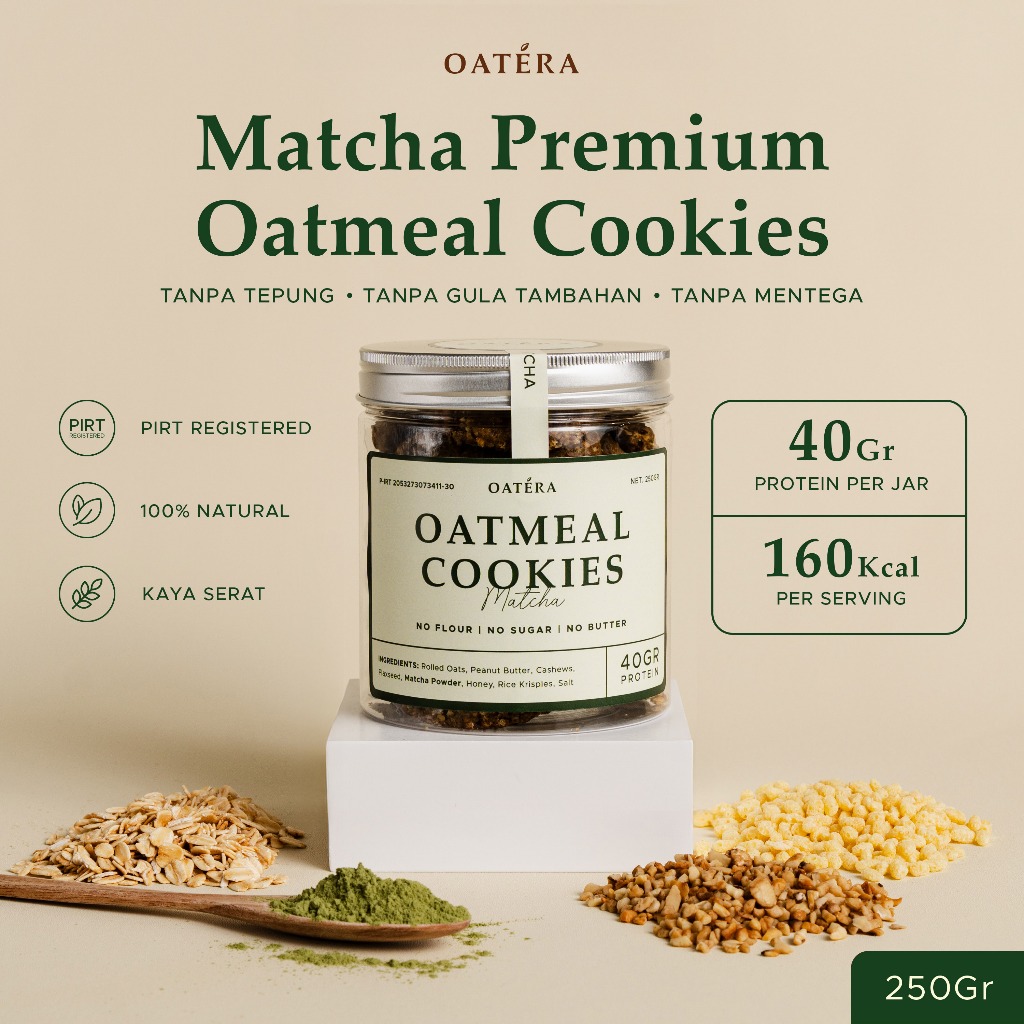 

Premium Oatmeal Peanut Cookies - Matcha 250gr - Oatera Cookies Diet Tinggi Protein