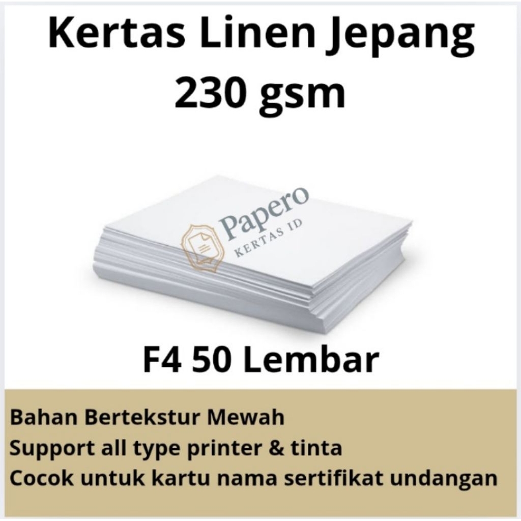 

Kertas Linen 230 gsm Jepang Premium | F4 Isi 50 Lembar - Kertas Undangan, Sertifikat, Kartu Nama.