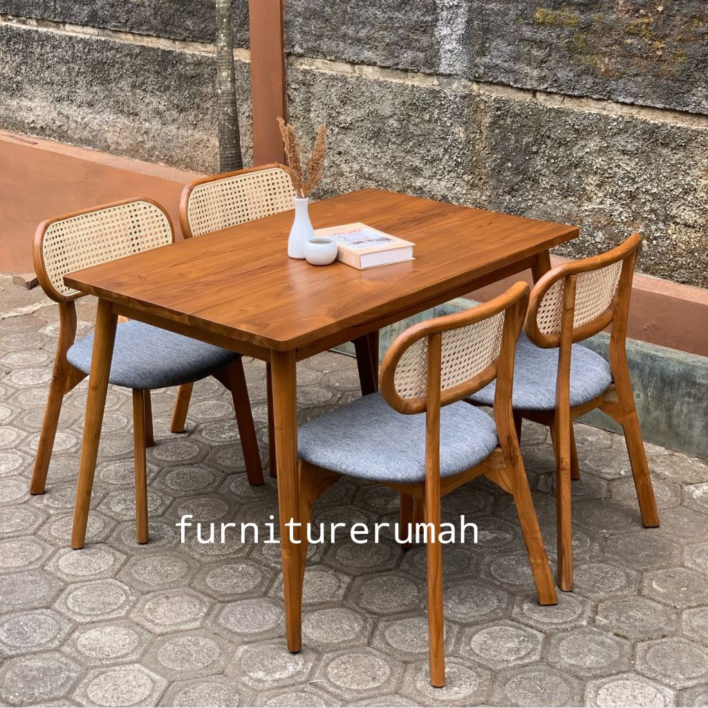 set meja makan 4 kursi rotan kayu jati minimalis, meja makan minimalis 4 kursi rotan kayu jati