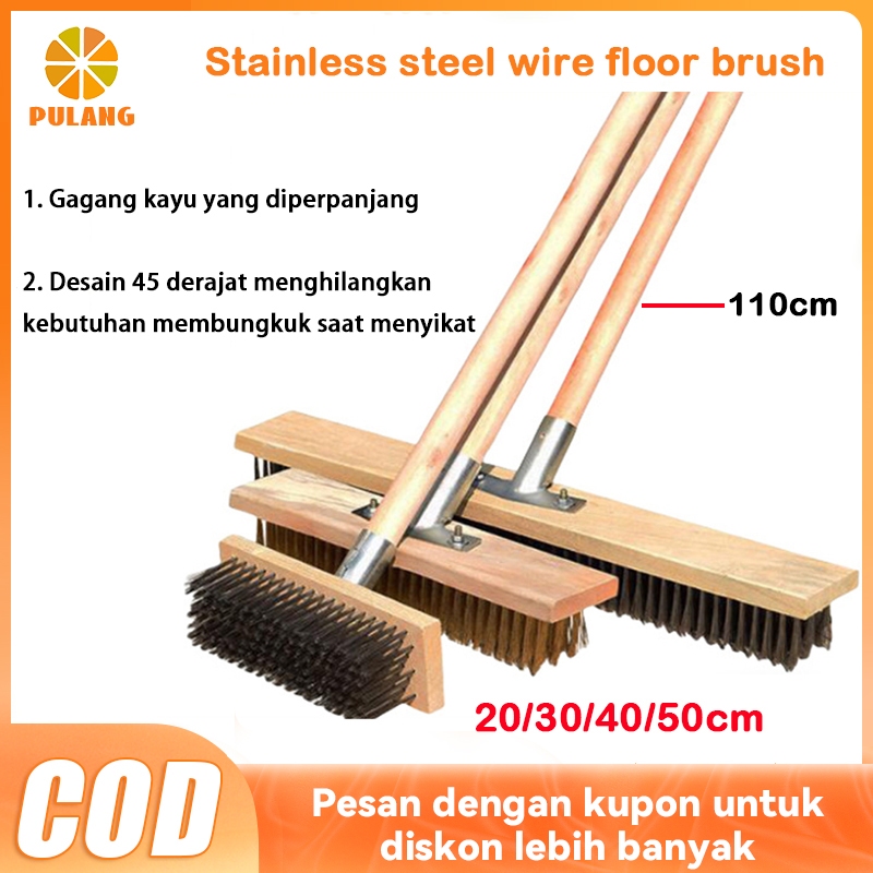 Pulang Sikat lantai rumah tangga Sikat kawat baja tahan karat 20/30/40/50cm sikat gagang kayu panjan