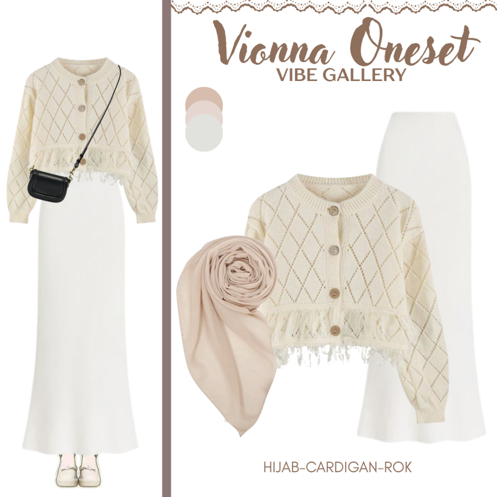 Viona One Set 3 in 1 (Cardigan Crop Rawis Broken White, Rok mermaid Scuba Putih & Hijab Bella Square