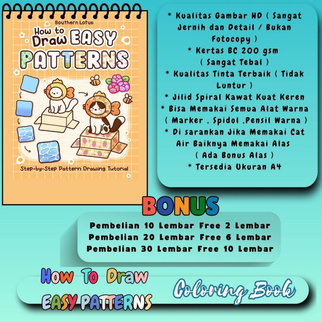 

Buku Belajar Mewarnai HOW TO DRAW EASY PATTERNS Coloring Book Gambar Bagus Jernih Sudah HD Kertas 200 gsm Tebal Premium