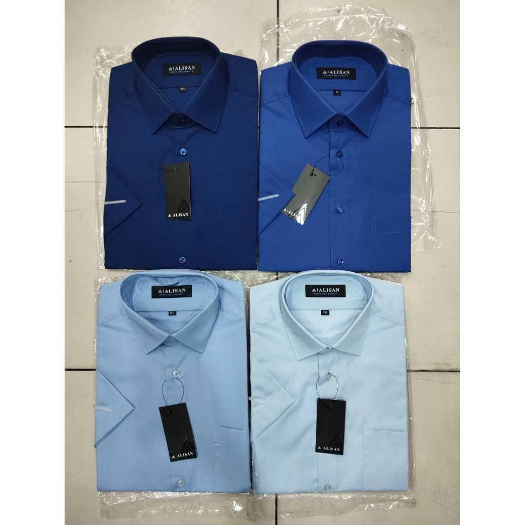 Alisan Kemeja Polos Pria Biru Muda Biru Langit Navy Biru Elektrik Lengan Pendek Reguler