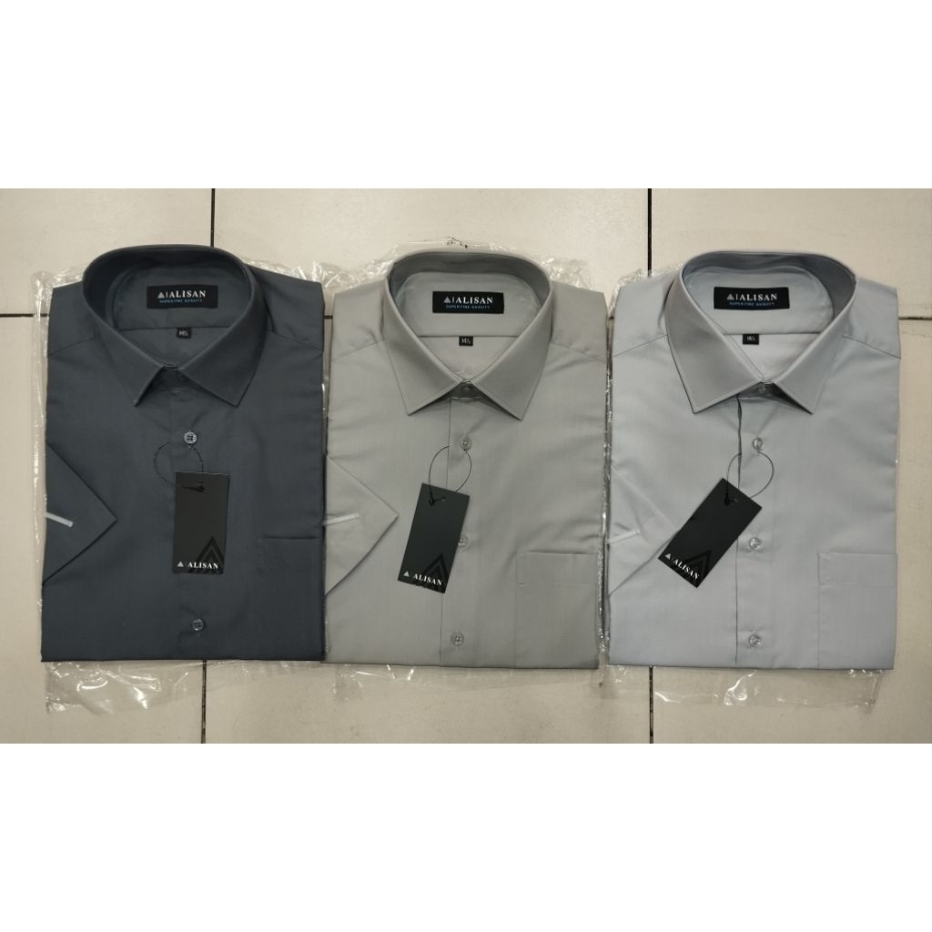 Alisan Kemeja Polos Pria Abu Tua Abu Muda Lengan Pendek Reguler