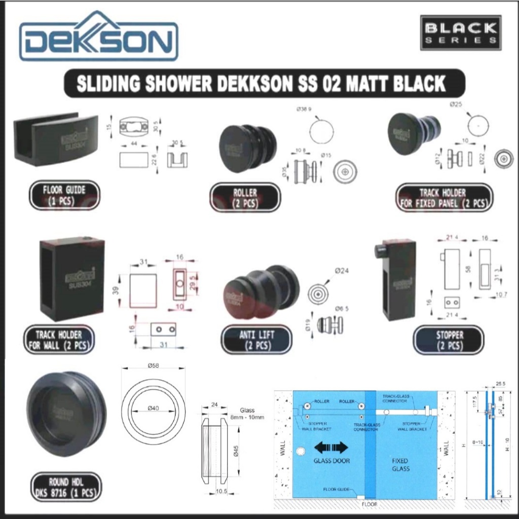 SLIDING SHOWER GLASS DEKKSON SS02 ACC MATT BLACK Single Door Accessory Only Complete Glass Sliding H