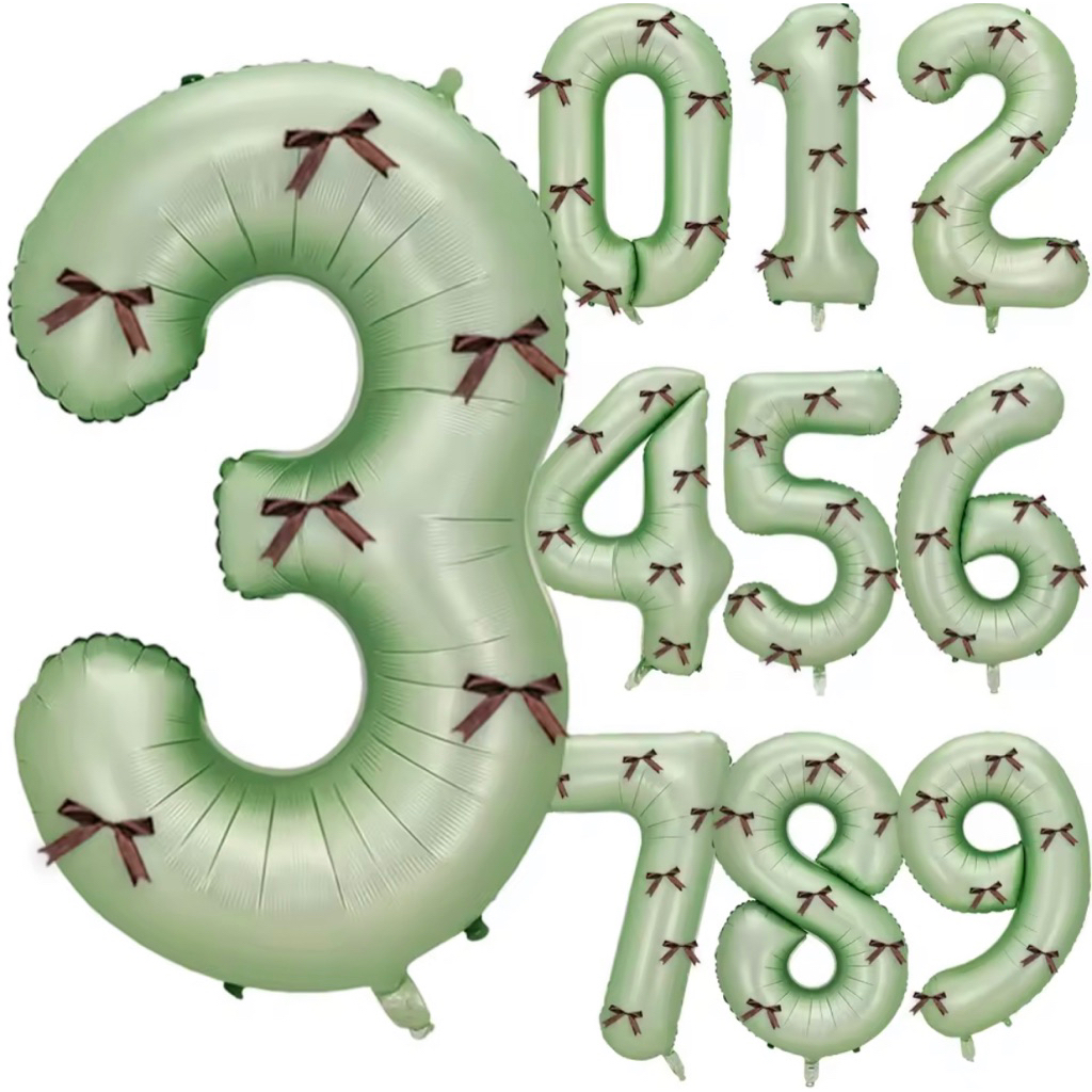 Set balon foil angka jumbo 80cm warna hijau sage pita coquete coquette ribbon kain hiasan dekorasi p
