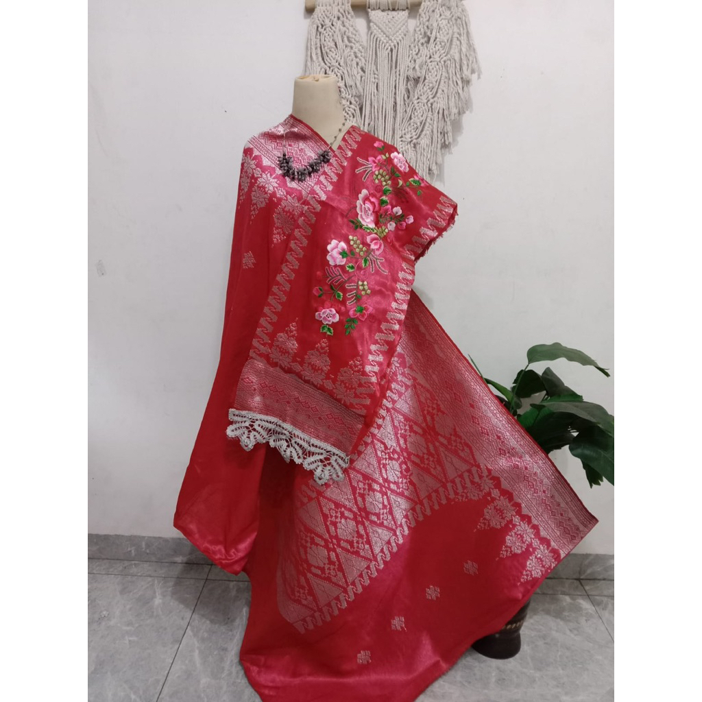 songket silungkang selendang sulam warna pink fuschia