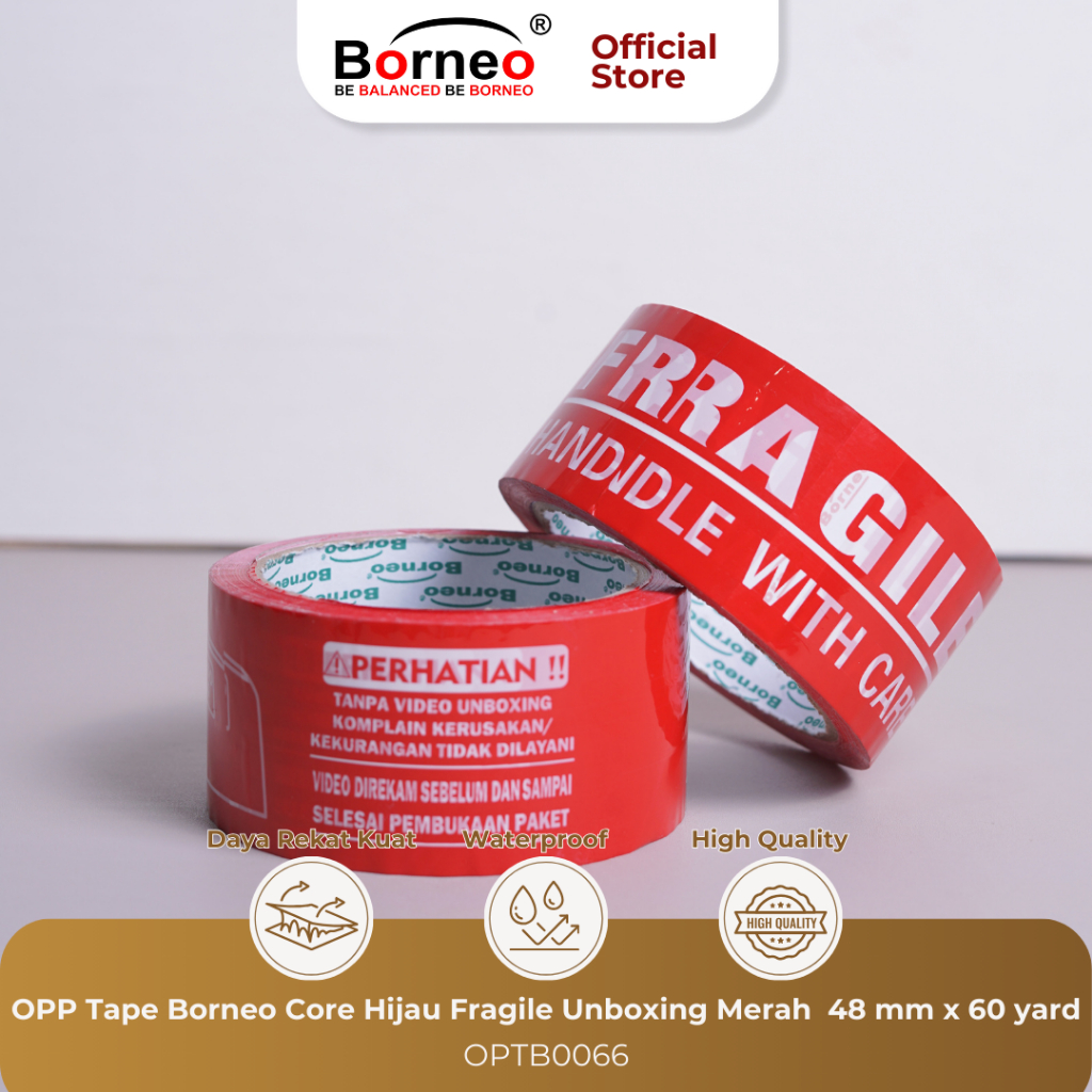 

Borneo OPP Lakban Fragile Unboxing Merah 48 mm x 60 Yard