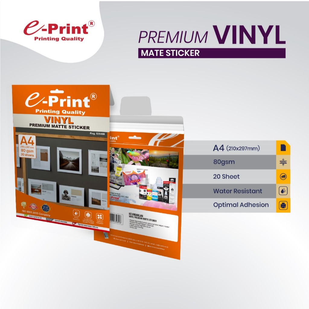 

e-Print Stiker Vinyl Matte Premium Sticker Matte Vinyl A4 100gsm isi 20lembar Water Resistant