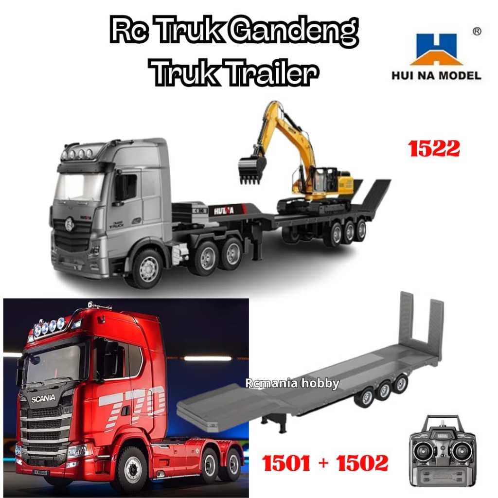 Mainan Alat Berat Huina 1522 1501 1502 RC Car Trainler Flatbed Trailers Excavator Truck LED Light So