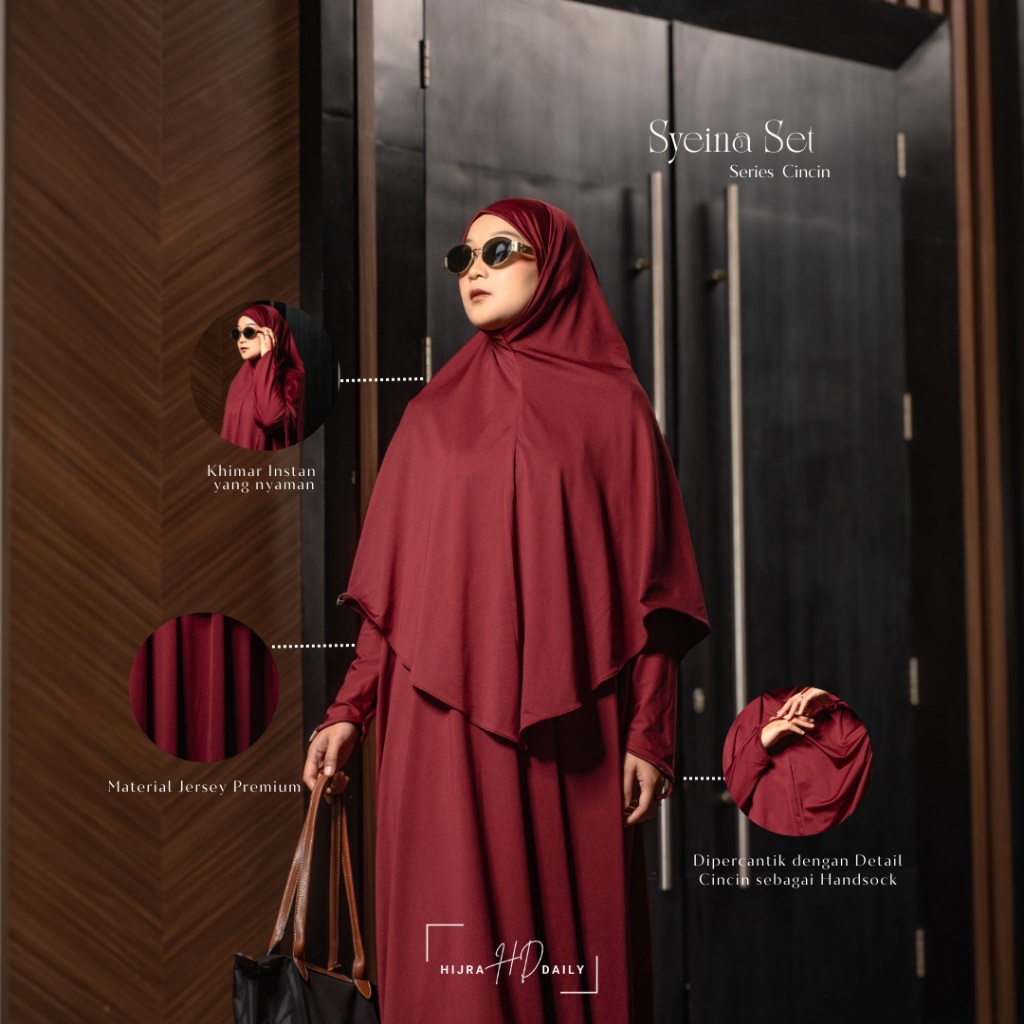 HIJRA STORIES - Abaya Hijab Jersey Lengan Cincin Busui Syeina warna maroon merah tua [FREE GIFT]