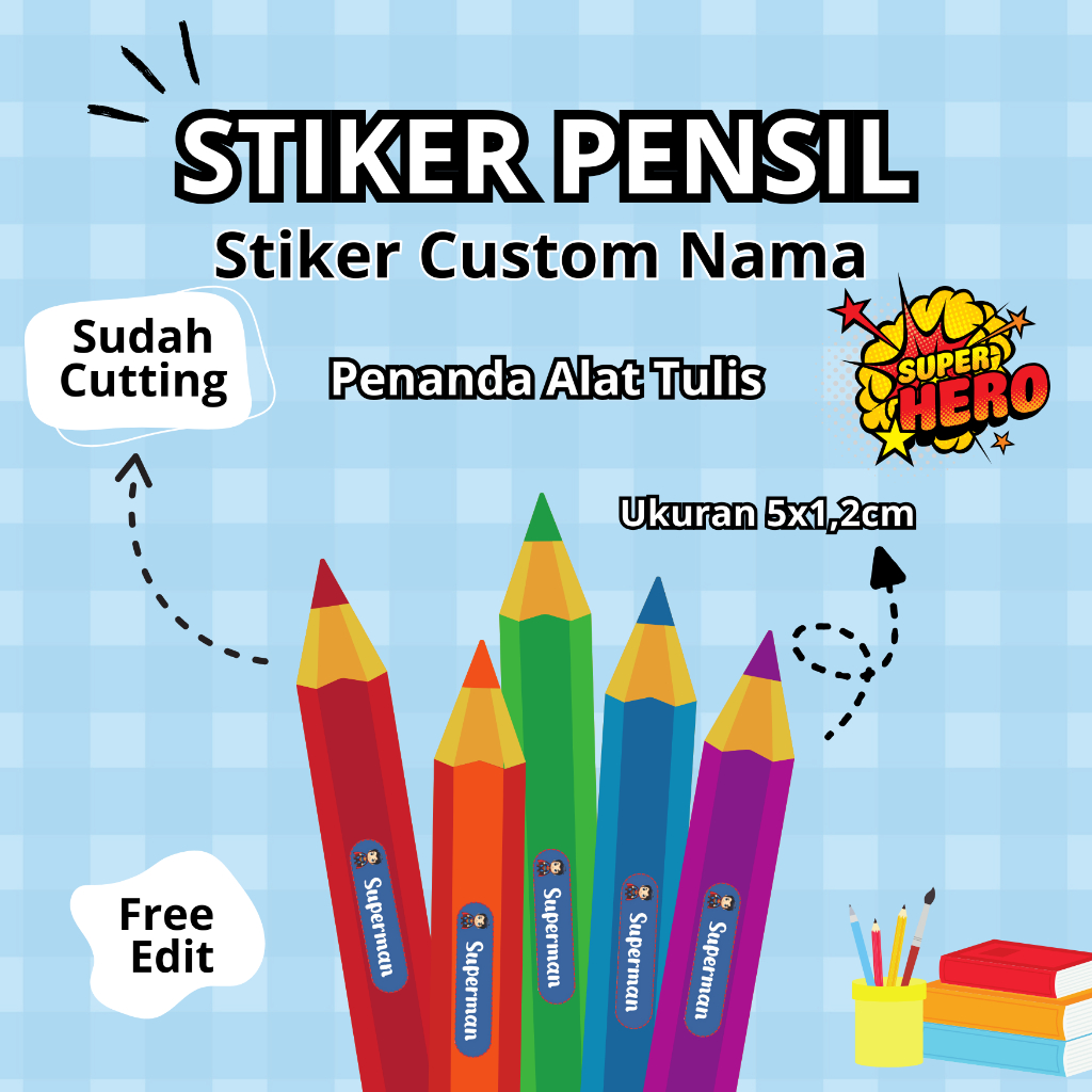 

Stiker Pensil Custom Nama Super Hero Marvel Avengers | Stiker Penanda Alat Tulis 1 Lembar A3 Cutting