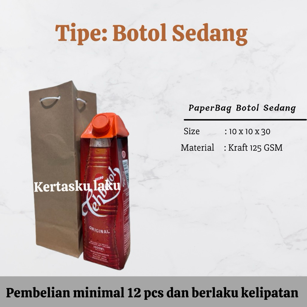 

Paperbag Botol Sedang,tas kertas murah untuk teh botol sosro 1 liter,P10 L10 T30