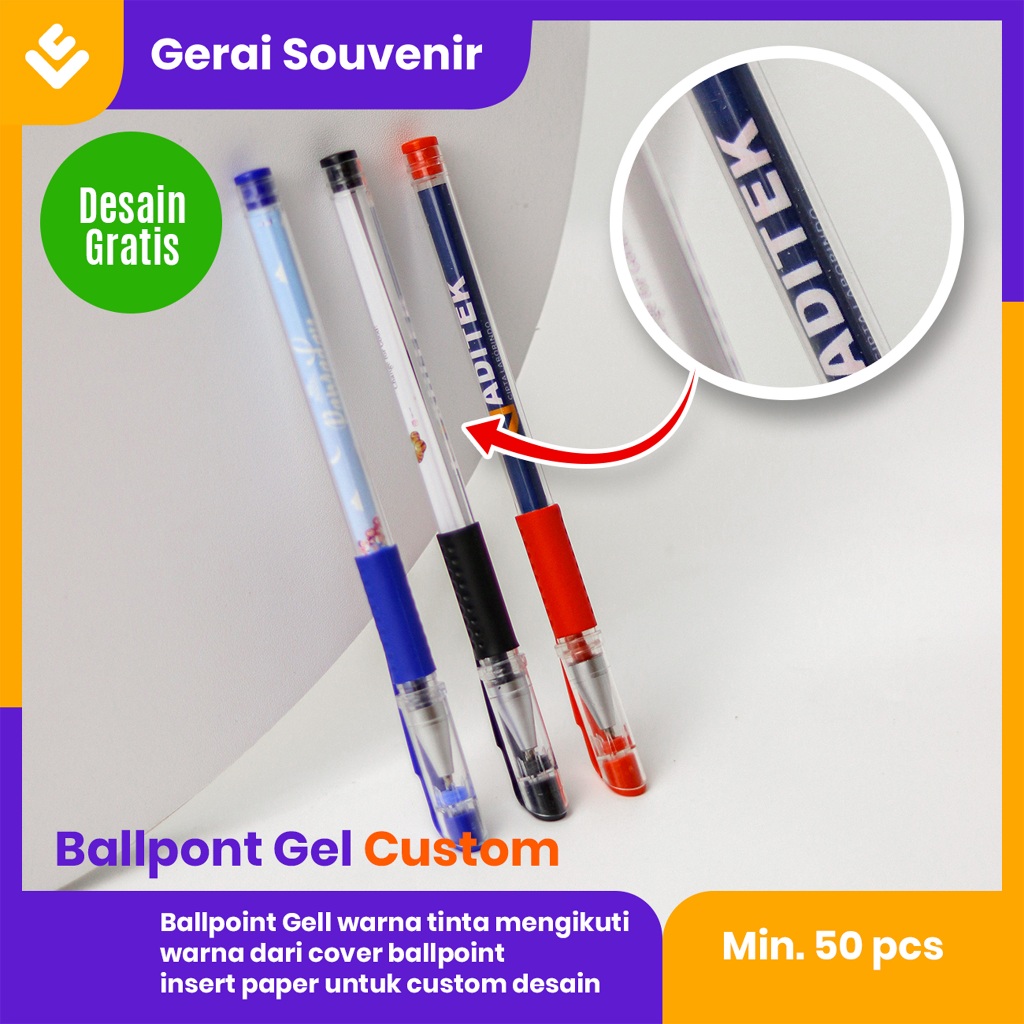 

Ballpoint Pulpen Bolpen Bolpoin Gel / Jel Promosi Custom Desain Logo Tulisan