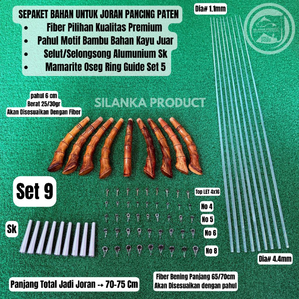 Sepaket Bahan Untuk Joran Pancing Siap Lilit Benang/ Bahan U/Joran Paten P.70-75cm Fiber Bening