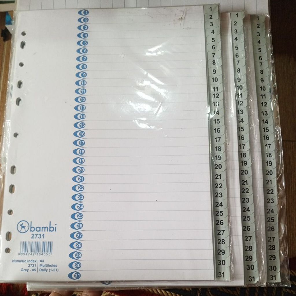 

index, divider, pembatas file, A4, bambi 2731, numeric daily 1 - 31, multiholes, last stock, original