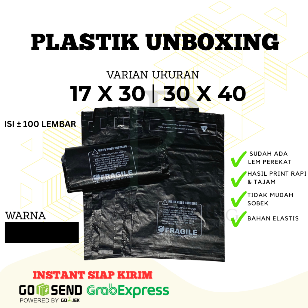 

- Polymailer Label Sticker Unboxing 17x30 30x40 (100 lbr) Plastik Packing Fragile Wajib Unboxing