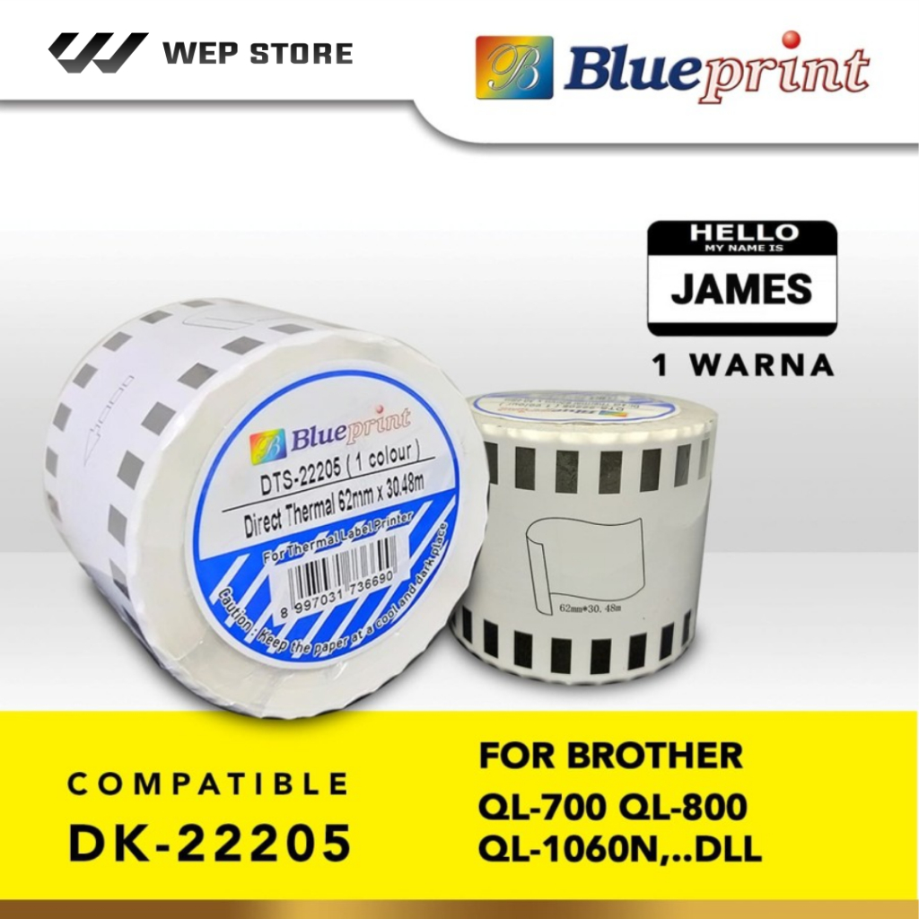 

Continuous Sticker Brother DTS-22205 Blueprint 62 mm 30 meter Stiker Label Barcode DK-22205 1 warna