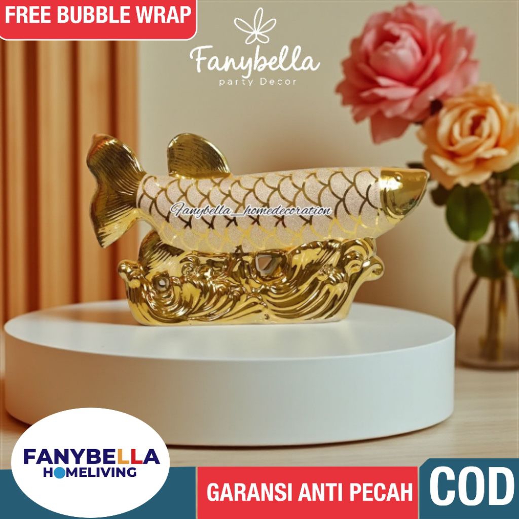 PAJANGAN HIAS KERAMIK IKAN ARWANA GOLD MEWAH DEKORASI HIASAN RUMAH